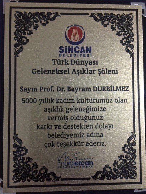 Türk Dünyası Aşık Edebiyatı’na Hizmet Ödülü Prof. Dr. Durbilmez’e