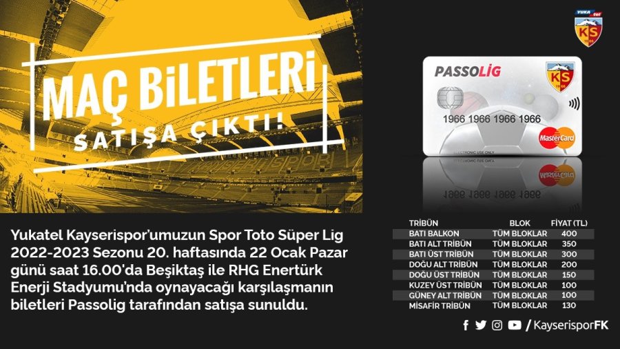 Kayserispor - Beşiktaş Maçı Bilet Fiyatları Belli Oldu