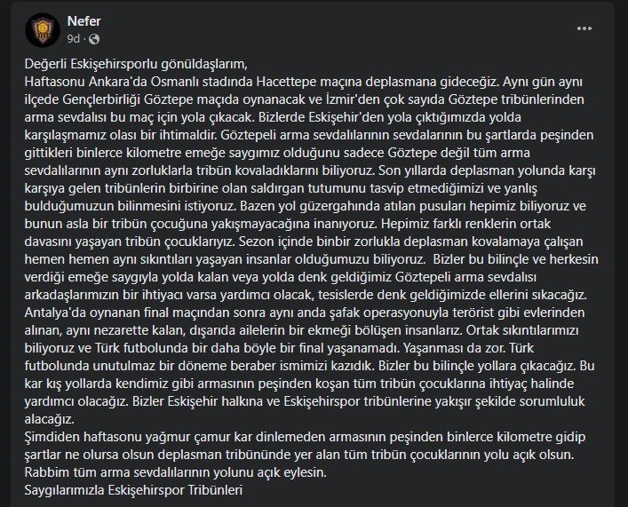 Eskişehirspor Taraftarından Göztepe Taraftarına Karşı Sağduyu Çağrısı
