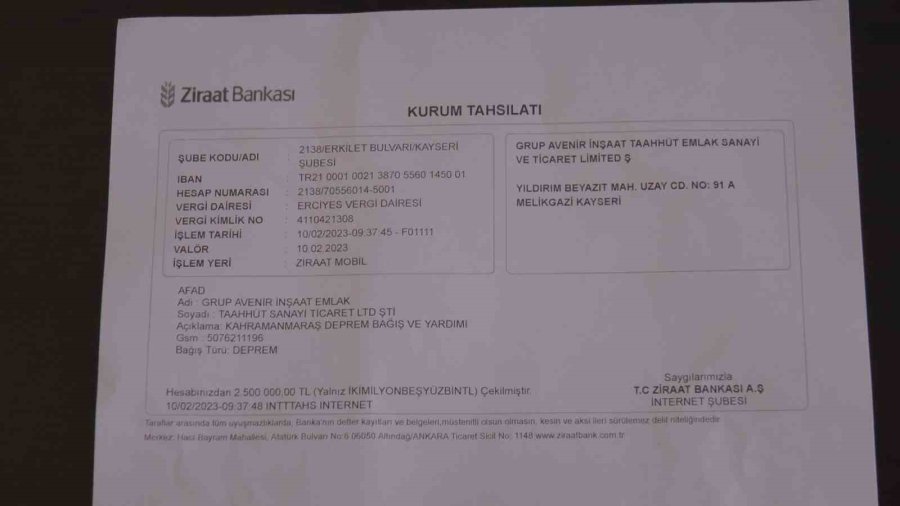 Kayseri’den Afad’a 2,5 Milyon Tl Destek