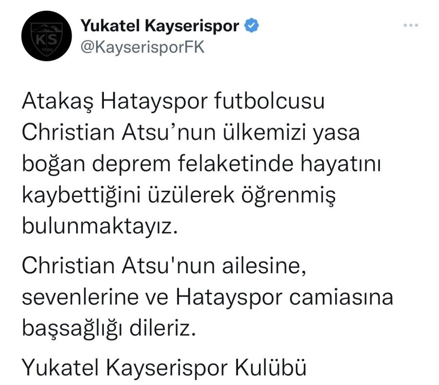 Kayserispor’dan Atsu İçin Başsağlığı Mesajı