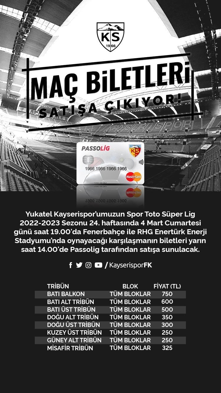 Kayserispor - Fenerbahçe Maçı Bilet Fiyatları Belli Oldu