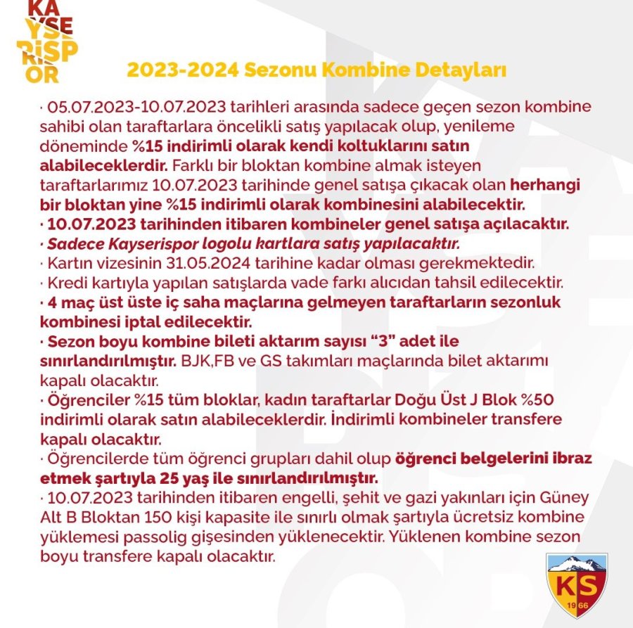 Kayserispor, Kombine Bilet Fiyatlarını Belirledi