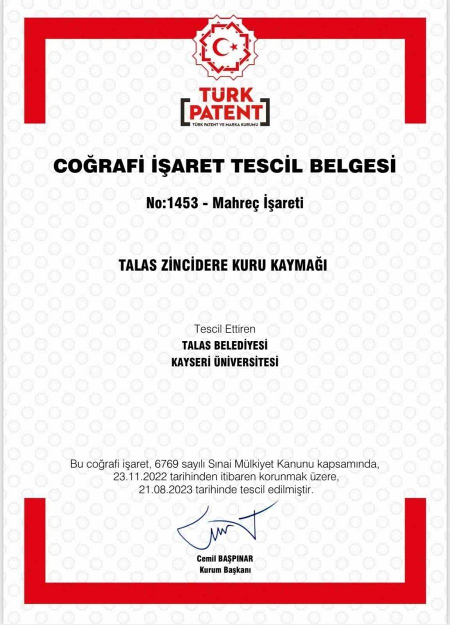 Talas Zincirdere Kuru Kaymağı Tescil Edildi