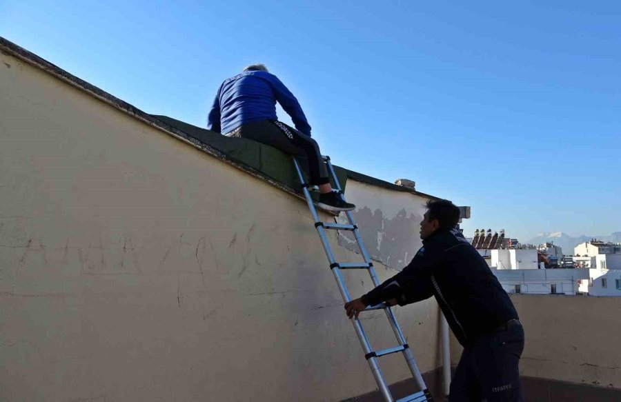 "uyduda Parazit Var" Deyip Çatıya Çıktı, 2 Metre Yükseklikte Mahsur Kaldı