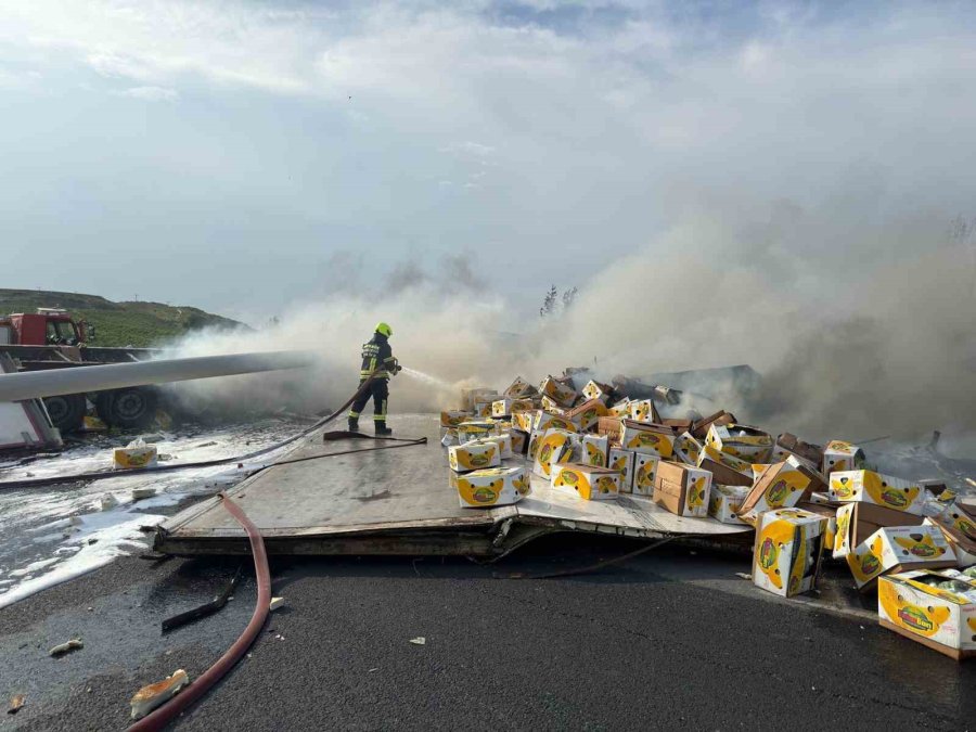 Muz Yüklü Tır Devrildi, Yanan Araçta Sürücü Yaralandı