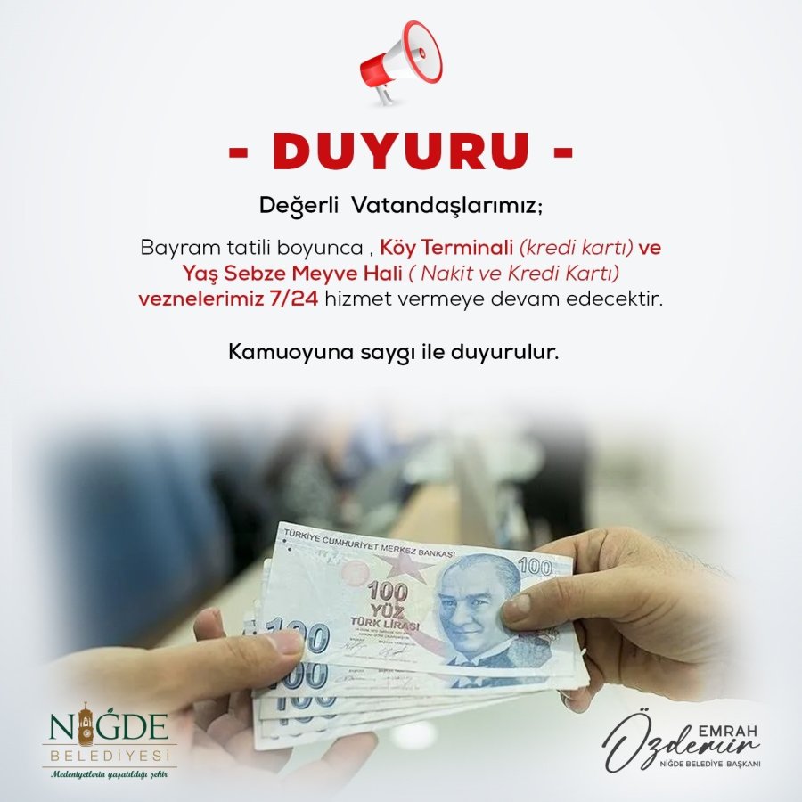 Niğde Belediyesi Vezneleri Bayram Boyunca Hizmet Verecek
