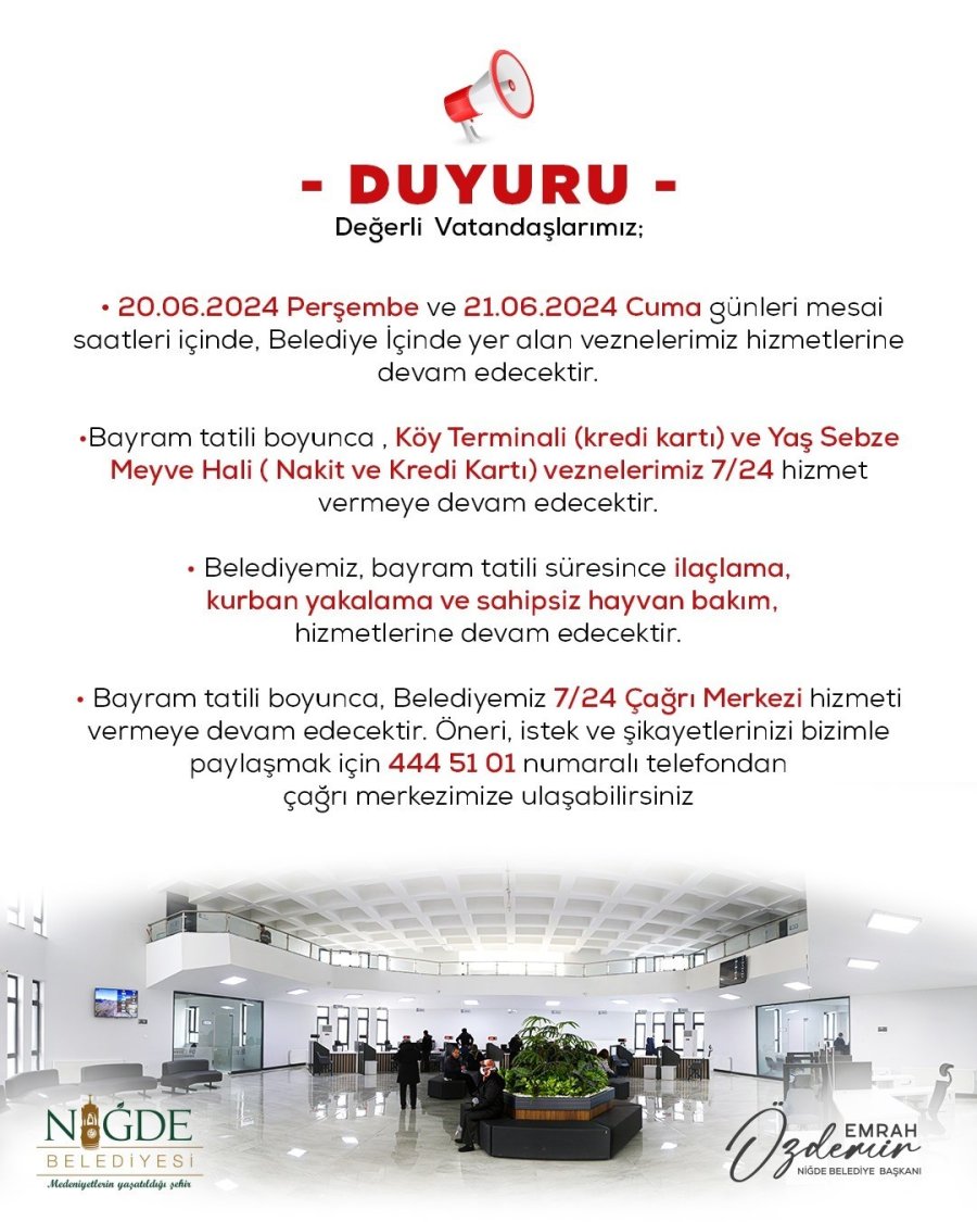 Niğde Belediyesi Vezneleri Bayram Boyunca Hizmet Verecek