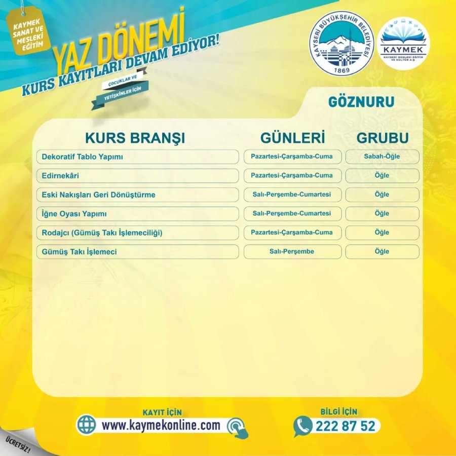 Kaymek Yaz Dönemi Kurs Kayıtları Sürüyor