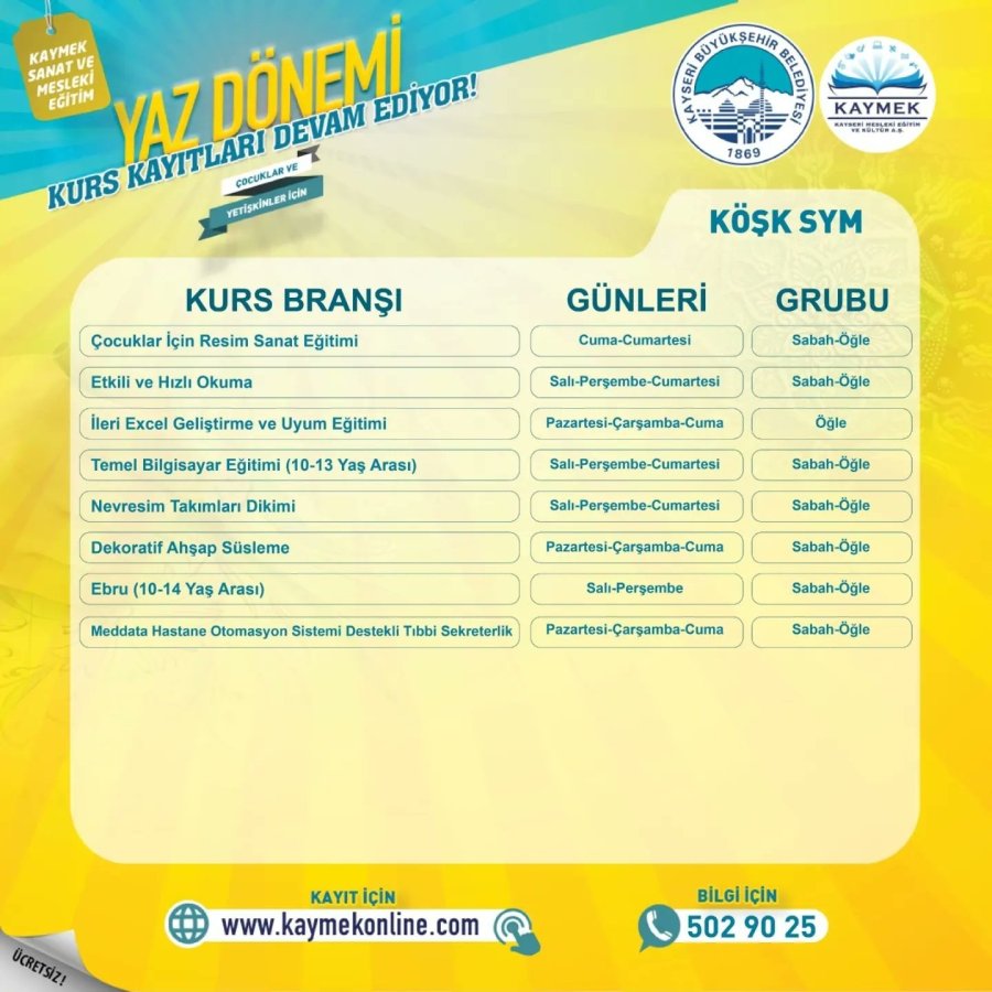 Kaymek Yaz Dönemi Kurs Kayıtları Sürüyor