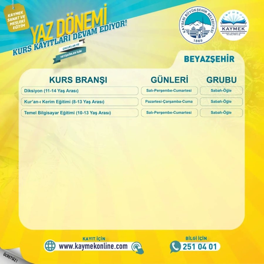Kaymek Yaz Dönemi Kurs Kayıtları Sürüyor