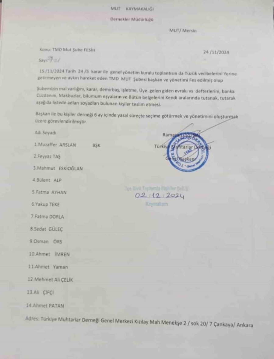 Mut Muhtarlar Derneğine Kayyum Atandı