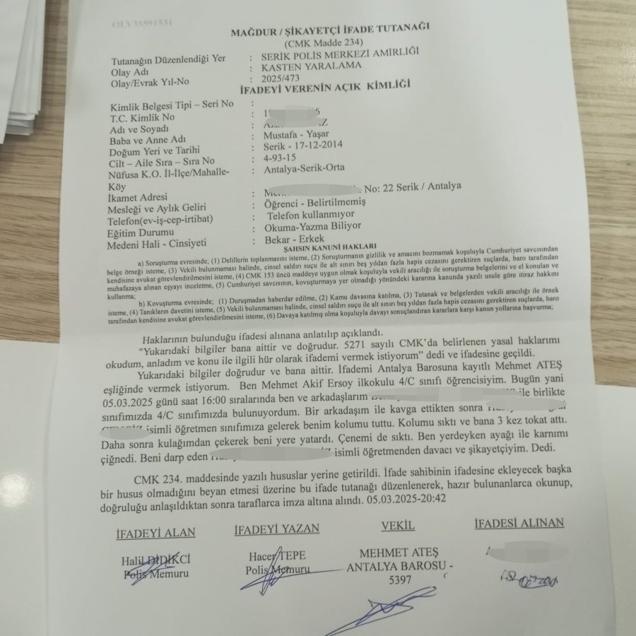 Antalya’da Öğretmeninin Darp Ettiği İleri Sürülen Çocuğun Ailesi Şikayetçi Oldu