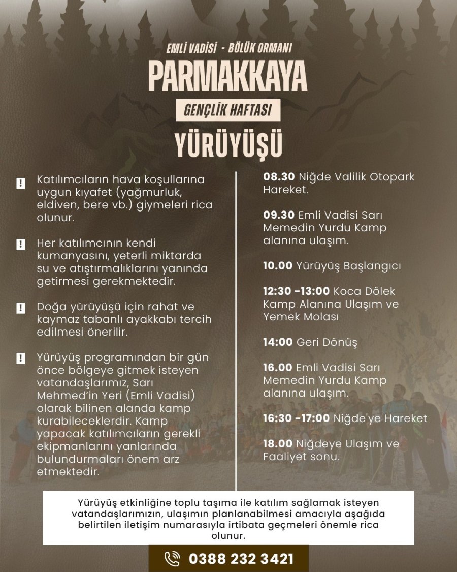 Niğde’de Parmakkaya Doğa Yürüyüşü İle Gençlik Haftası Coşkusu Başlıyor