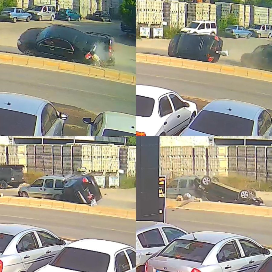 Otomobil Refüje Çarpıp, İki Araca Vurup Ters Döndü