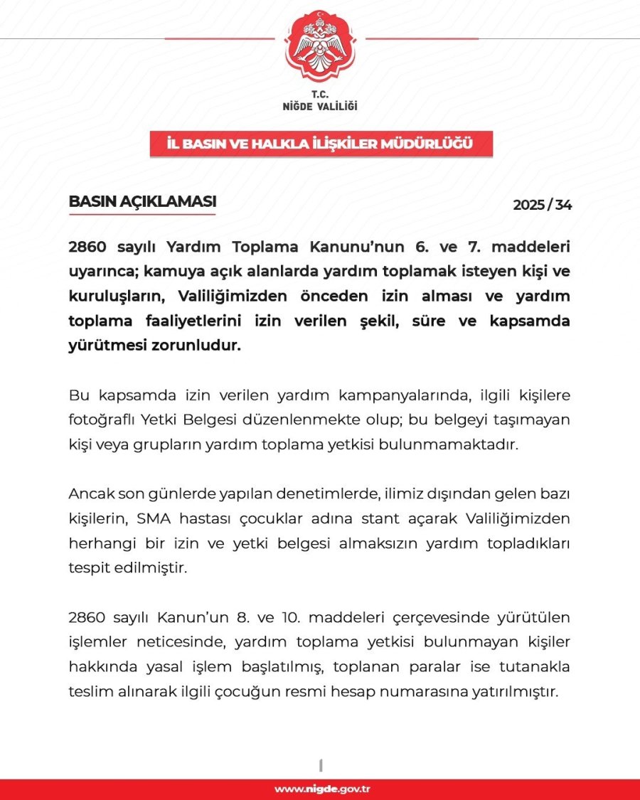 Niğde Valiliği’nden İzinsiz Yardım Toplamaya Karşı Uyarı