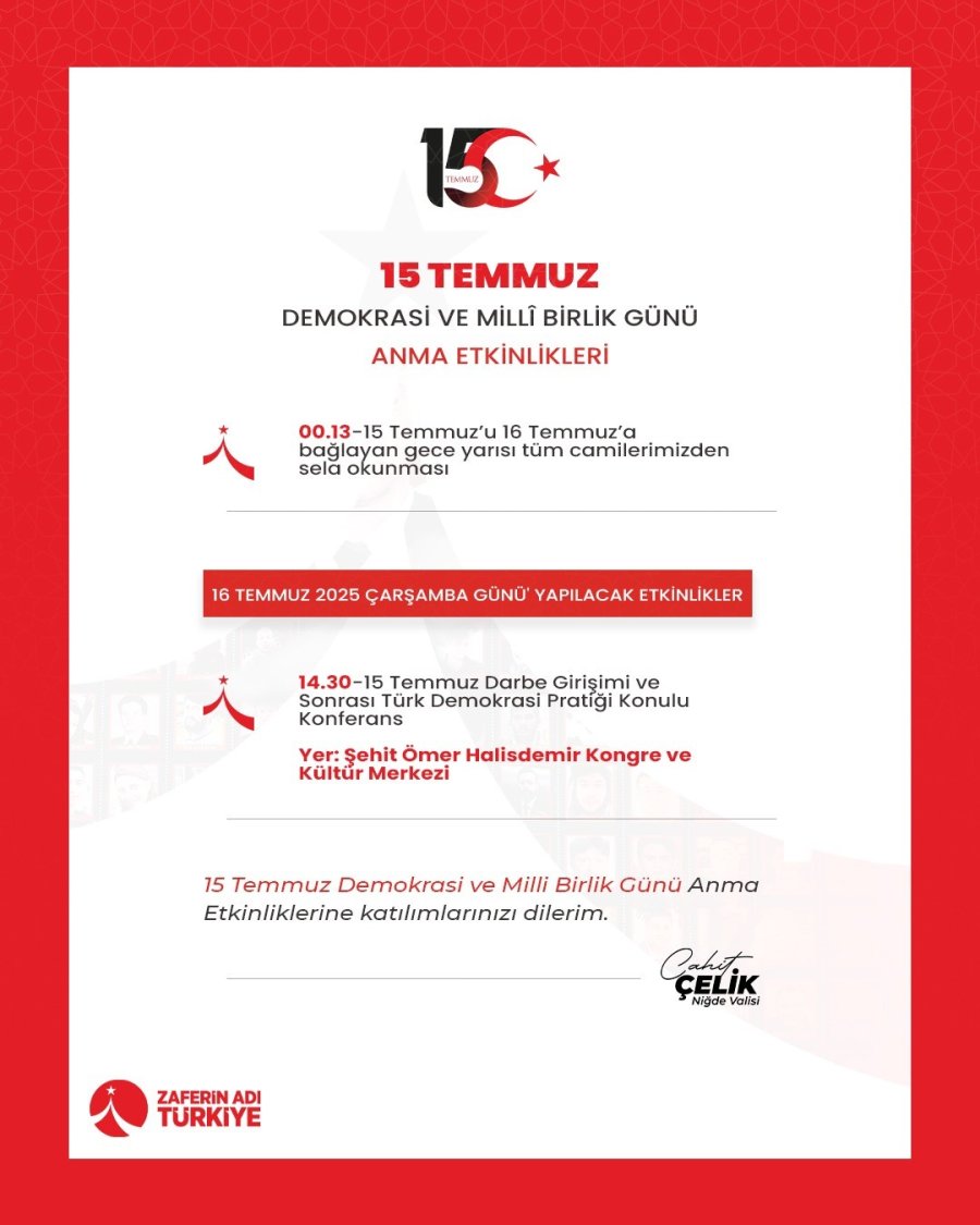 Niğde’de 15 Temmuz Şehitleri Dualarla Anılacak