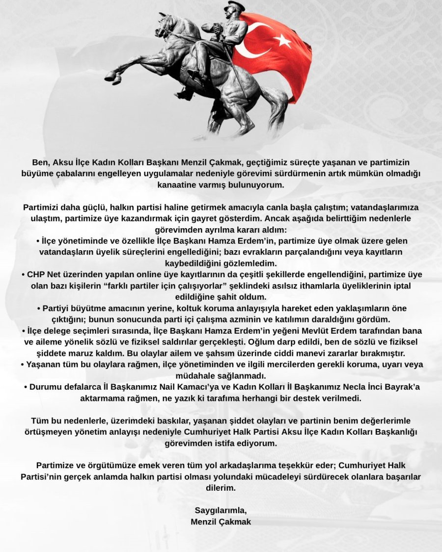 Chp Aksu Kadın Kolları Başkanı Menzil Çakmak Görevinden İstifa Etti