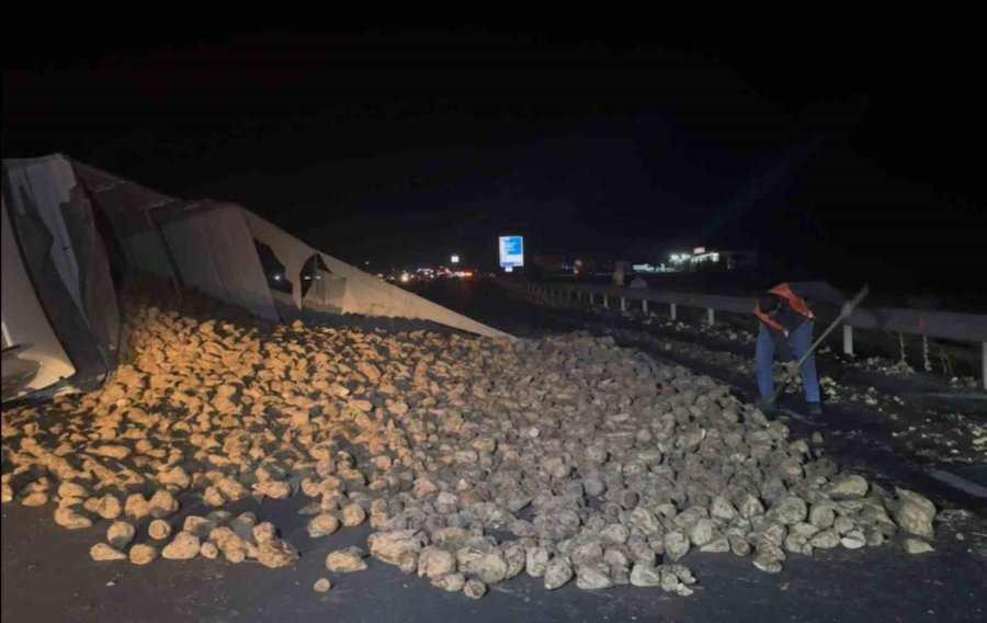 Köpeğe Çarpmamak İçin Sürücüsünün Manevra Yaptığı Pancar Yüklü Tır Refüje Devrildi