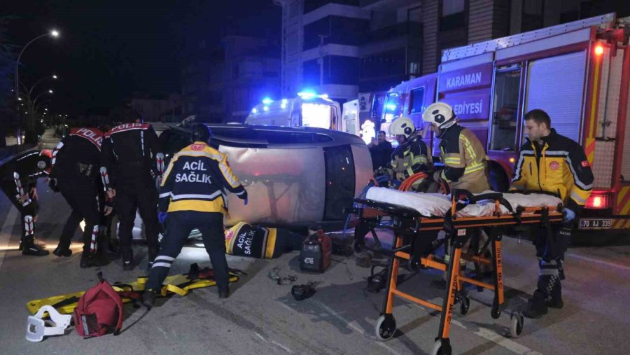 Devrilen Otomobilin Altında Kalan Sürücü İtfaiye Ekiplerince Çıkarıldı