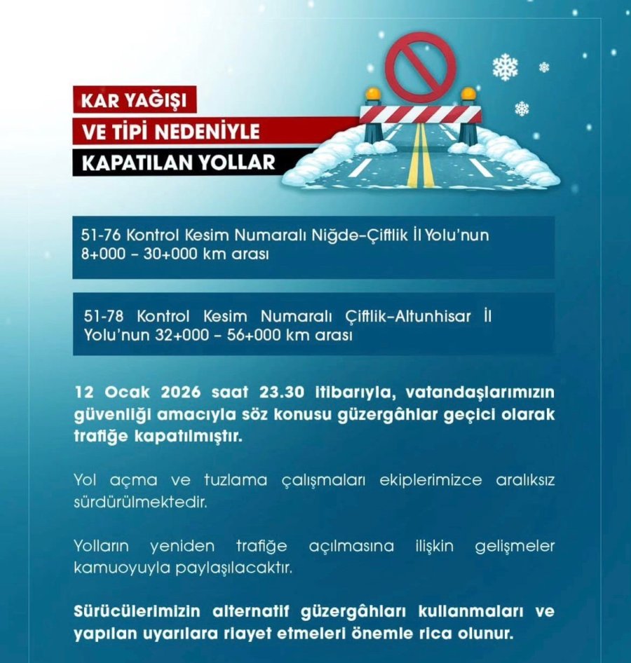 Kar Ve Tipi Nedeniyle Niğde’de İki Yol Trafiğe Kapatıldı