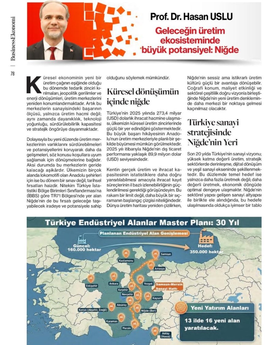 Nöhü Rektörü Hasan Uslu’dan Niğde’nin Üretim Potansiyeline Dikkat Çeken Makale