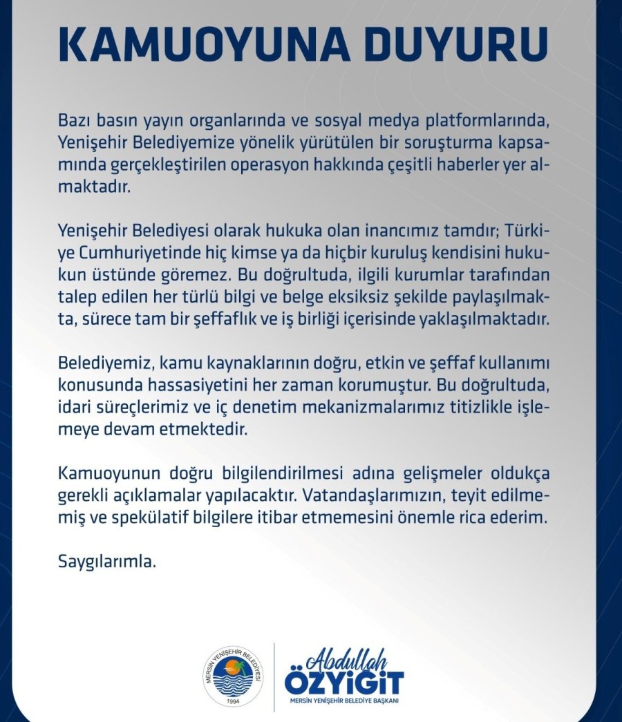 Başkan Özyiğit’ten Operasyon Açıklaması: "hukuka Güvenimiz Tam"