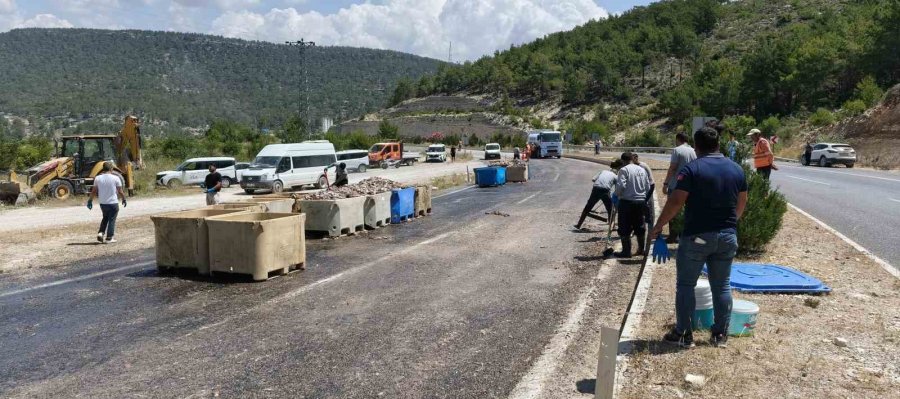 Seyir Halindeki Tırın Dorsesi Patladı, 15 Ton Balık Atığı Yola Saçıldı