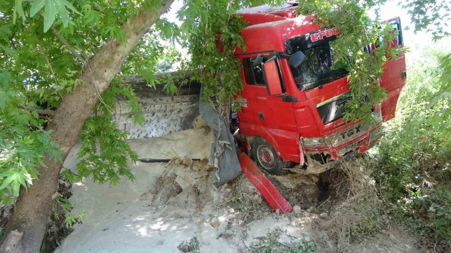 Devrilen Çekici Çınar Ağacına Takıldı Sürücü Araç İçinde Sıkıştı