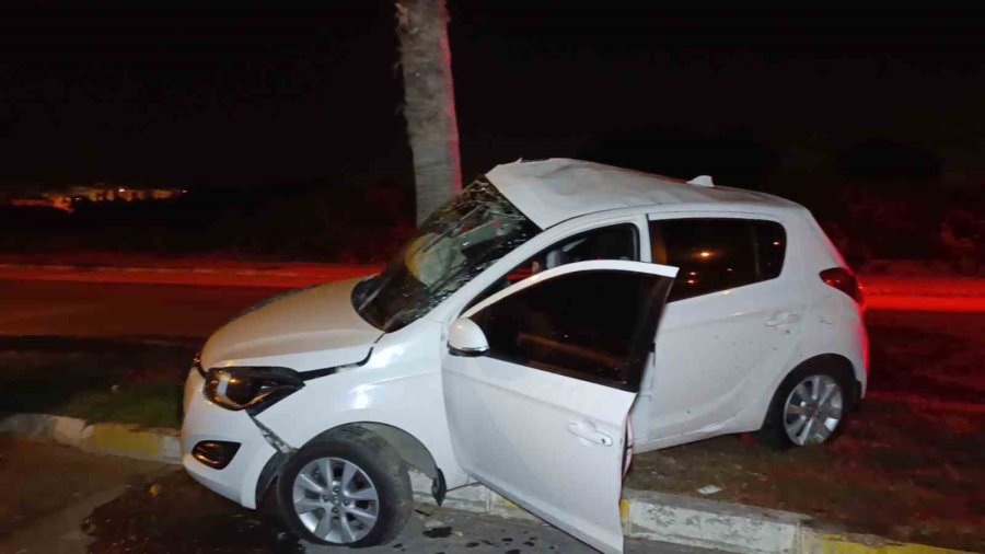 Refüjdeki Palmiyeye Çarpan Otomobilin Sürücüsü Yaralandı