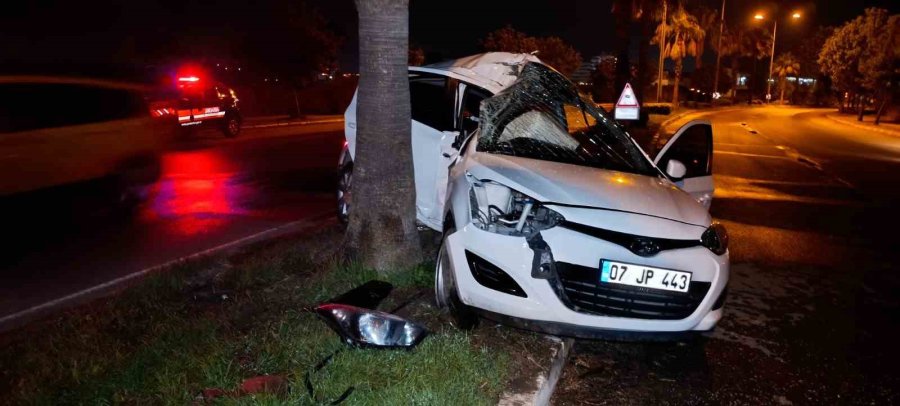 Refüjdeki Palmiyeye Çarpan Otomobilin Sürücüsü Yaralandı