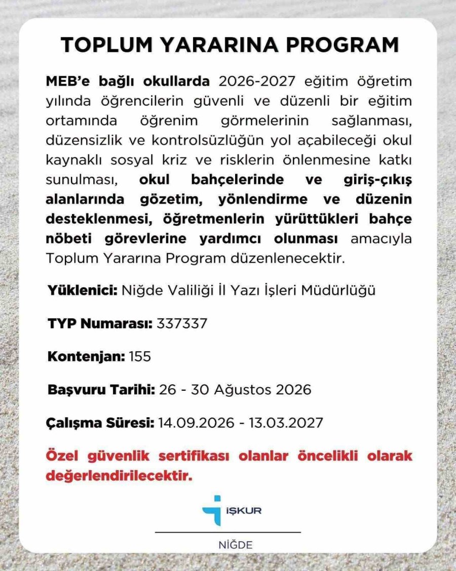 Niğde İşkur’dan Okullar İçin 155 Kişilik Typ Duyurusu