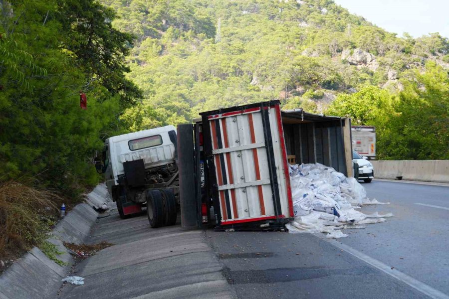 Pelet Yüklü Kamyon Bariyerlere Çarptı, Kasası Devrildi: 1 Yaralı