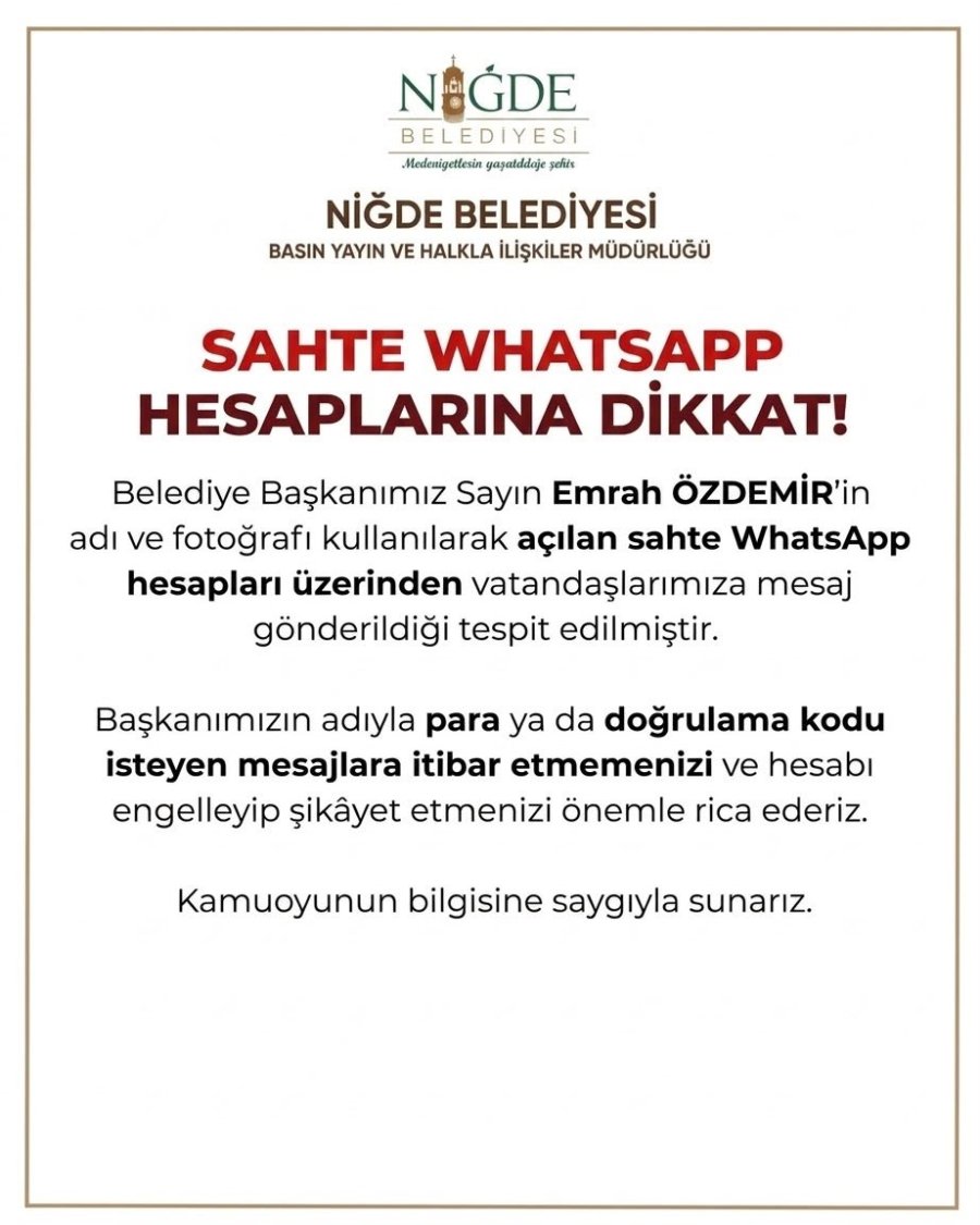 Niğde Belediyesi’nden "sahte Whatsapp Hesabı" Uyarısı